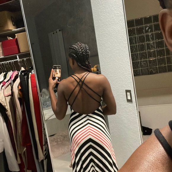 bebe low back multi striped black, white, and red dress with Spaghetti straps - Picture 8 of 8